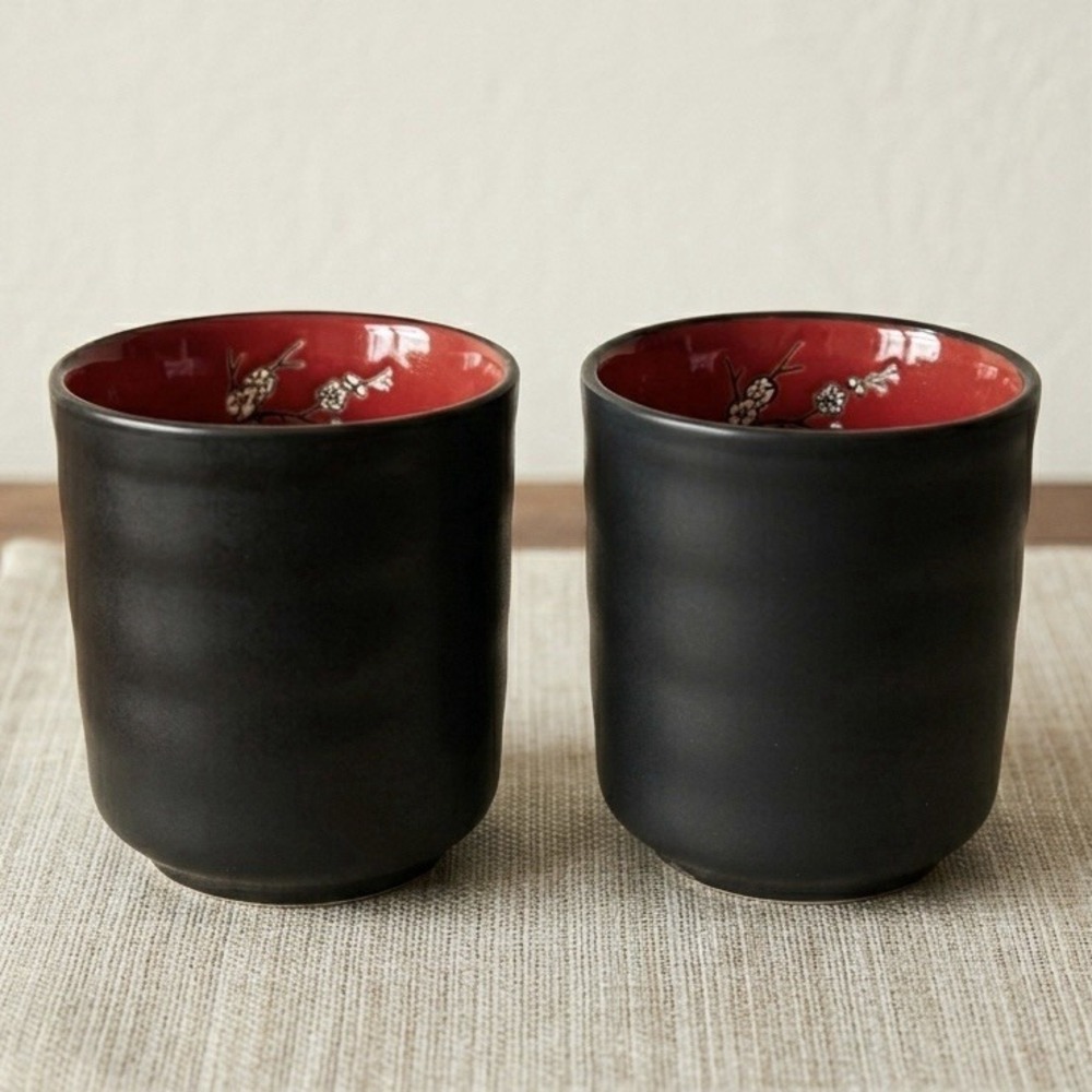 2 VISUN Sake Tea Cups Matte Black Red Floral Dogwood Branches Asian 3.25" NWOT